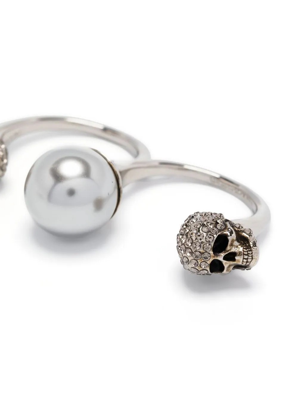 Antiqued Silver Double Pearl Skull Ring